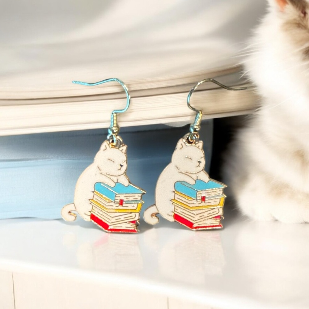 Cute Cat and Books Earrings